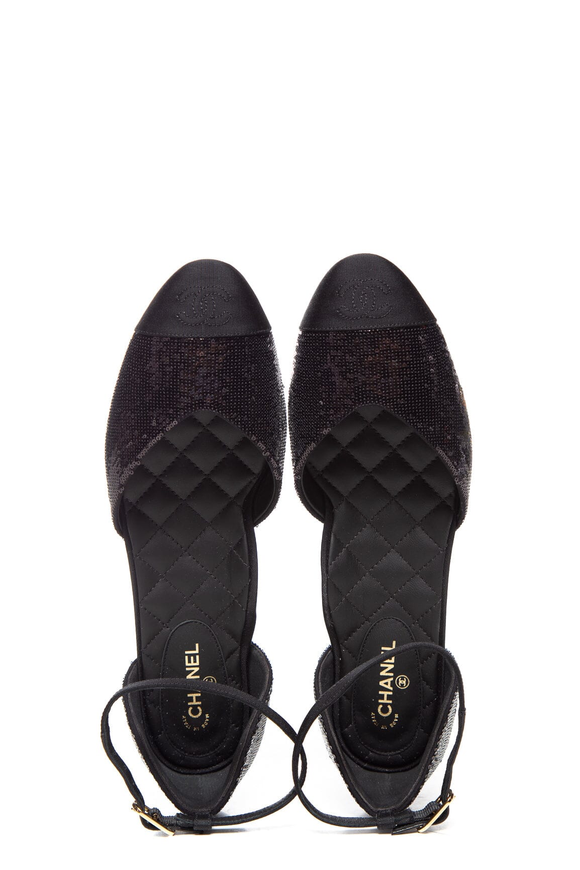 Chanel Black Sequin Mary Jane Ankle Strap Flats SZ 40