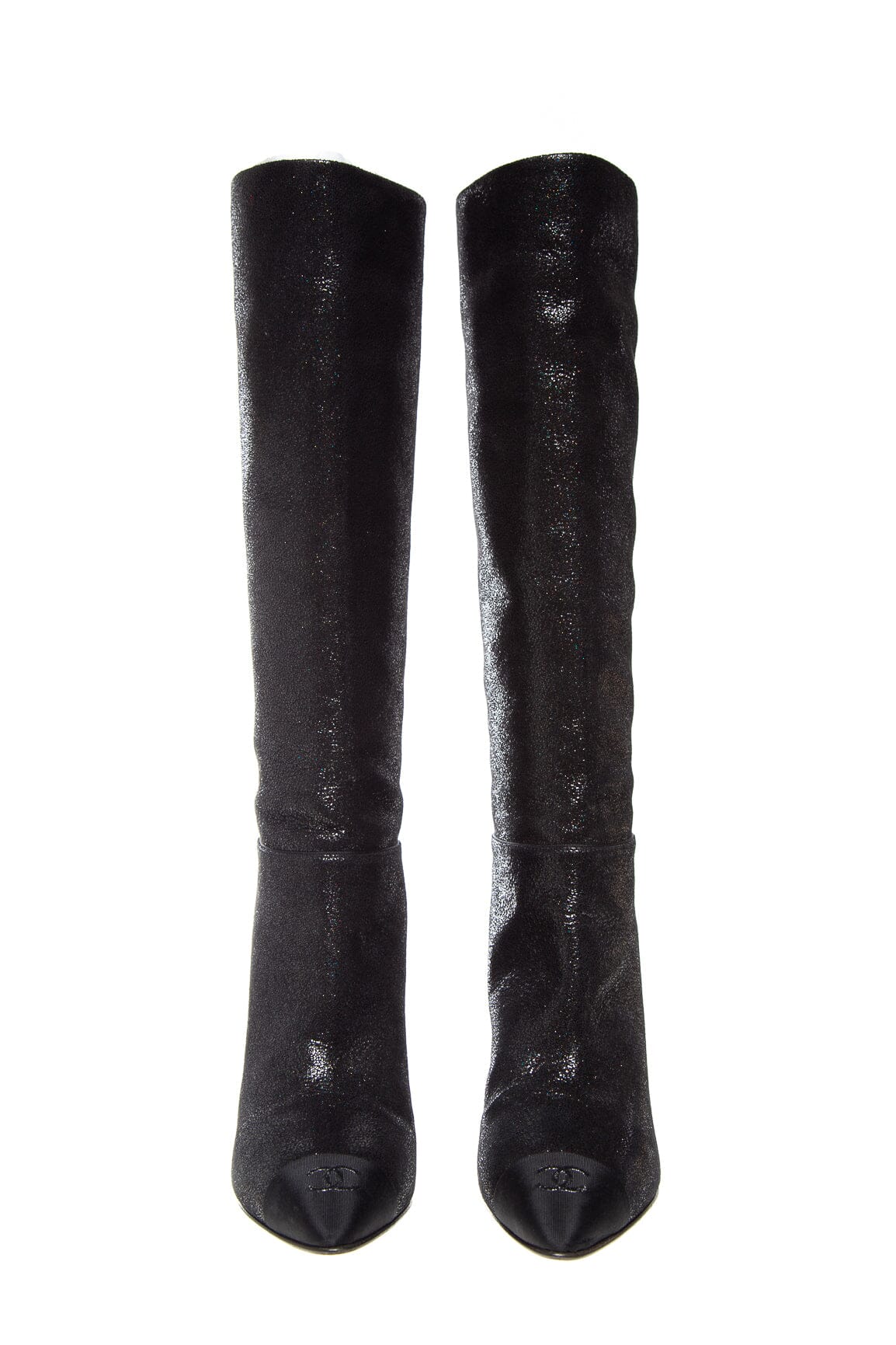 Chanel Black Glitter Knee High Heel Boots SZ 37