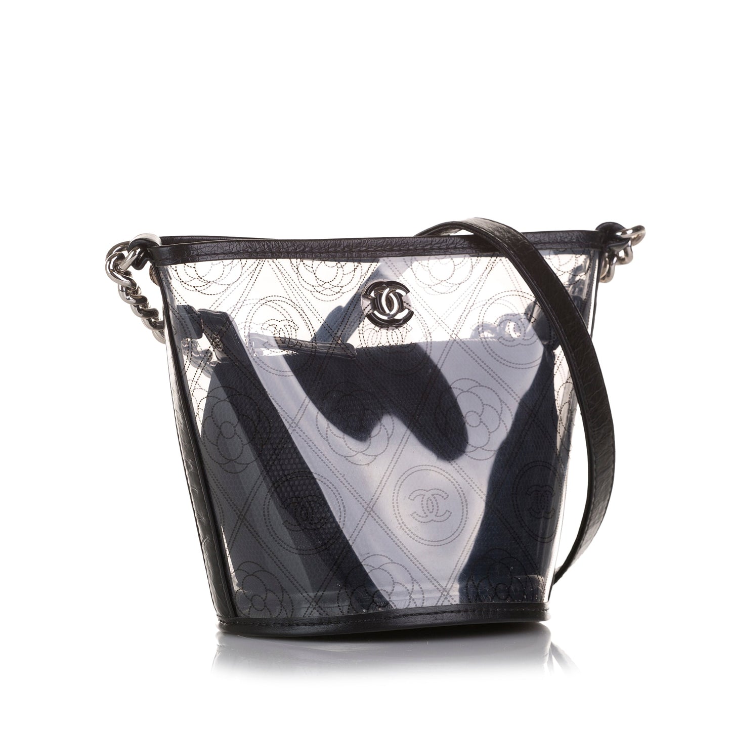 Black Chanel Crumpled Calfskin PVC Camellia Bucket