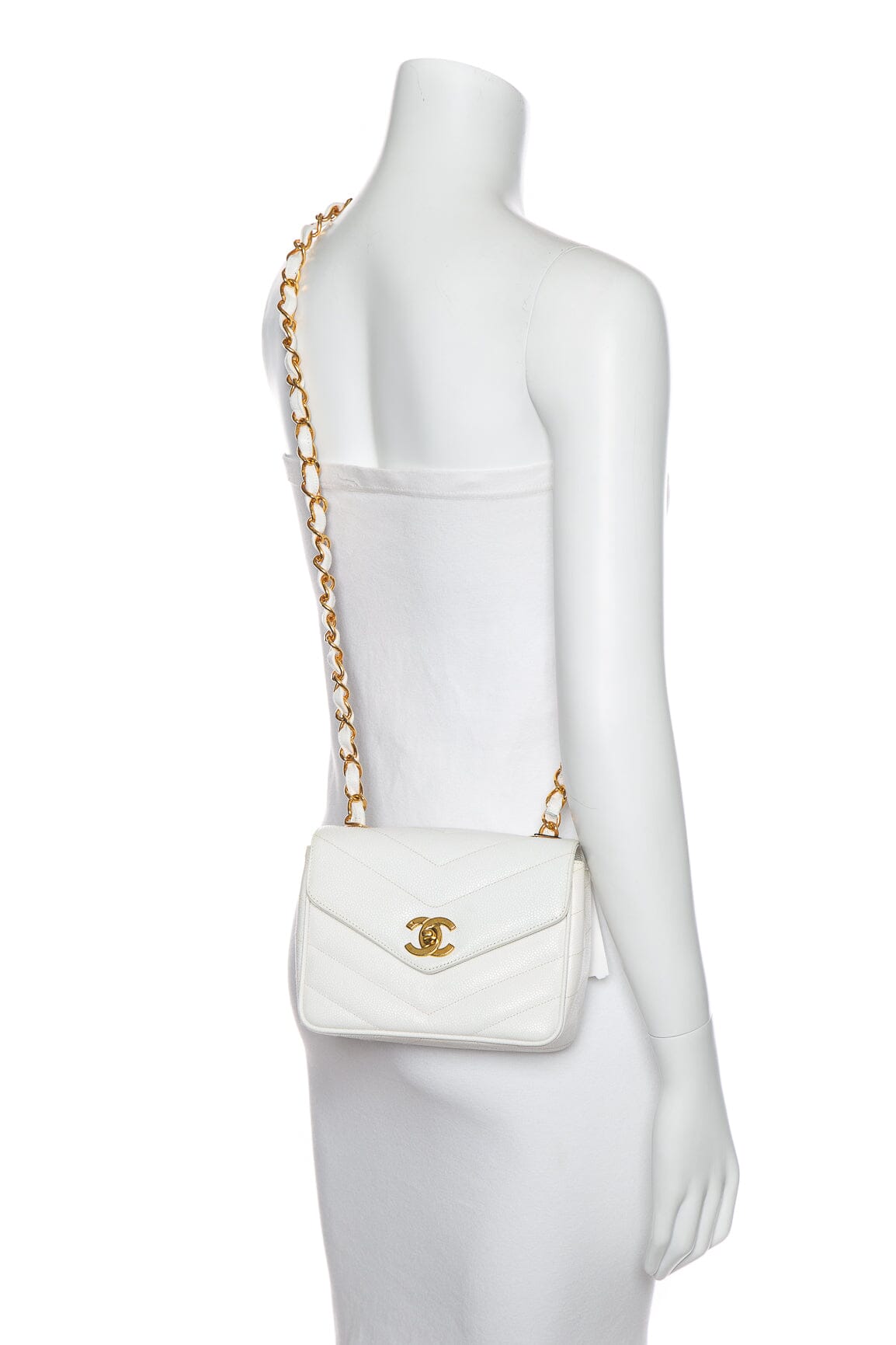 Chanel Vintage White Chevron Caviar Leather Turn Lock Shoulder Bag