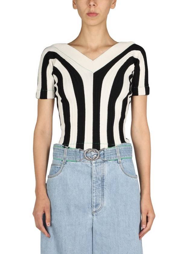 Bottega Veneta Striped V-neck Short Sleeve Knit Top