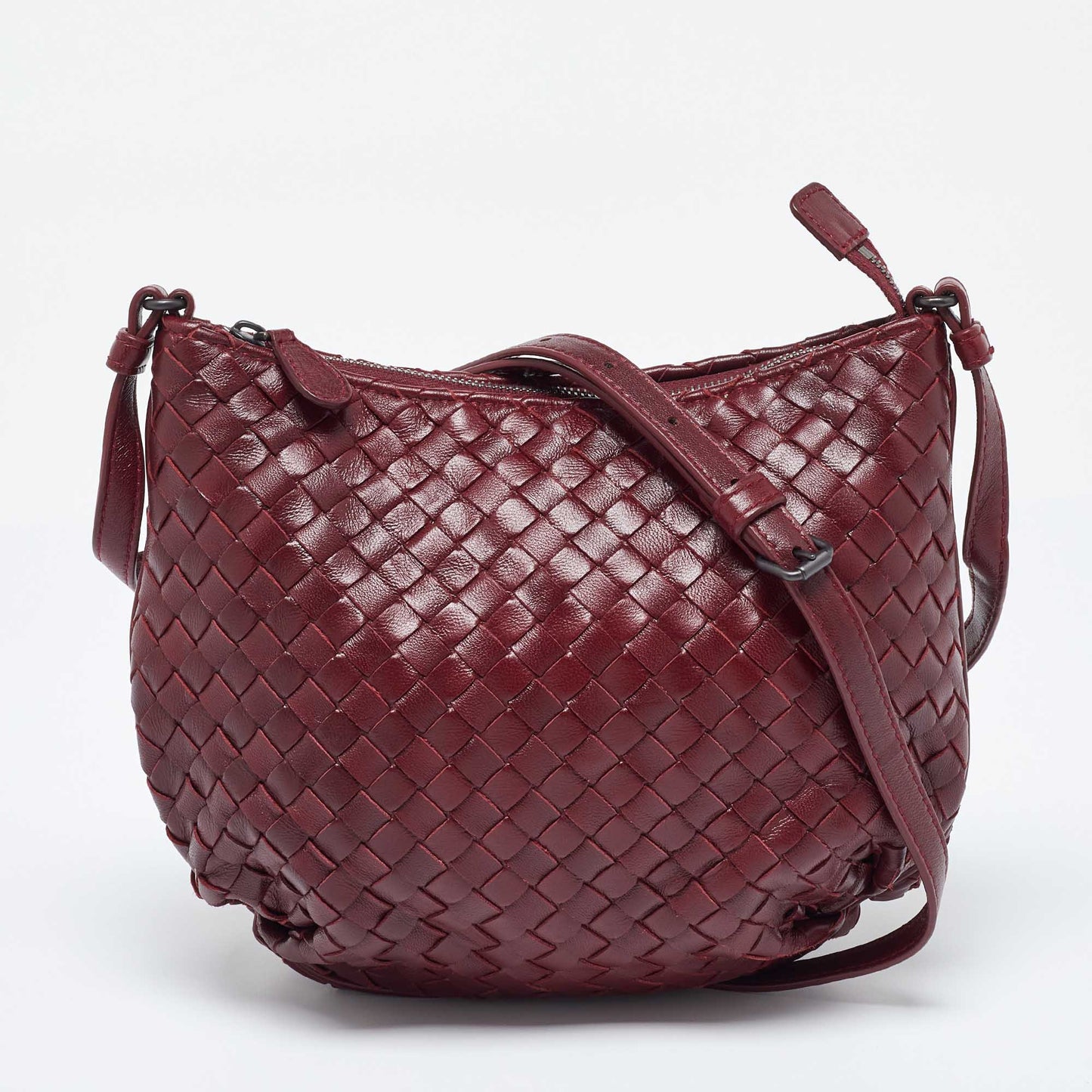 Bottega Veneta Burgundy Leather Top Zip Crossbody Bag