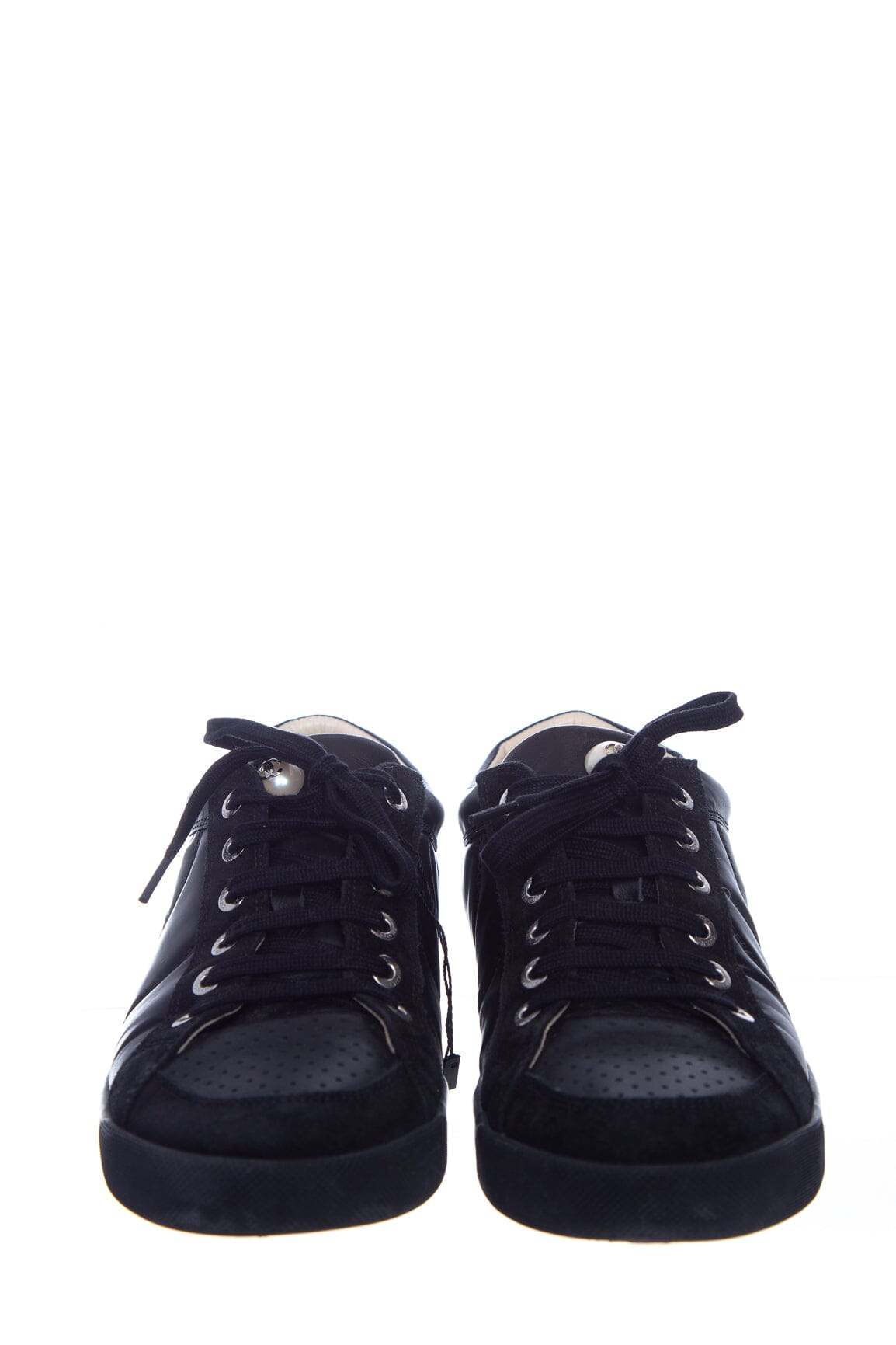 Chanel Black Leather Lace Up CC Sneakers SZ 38.5