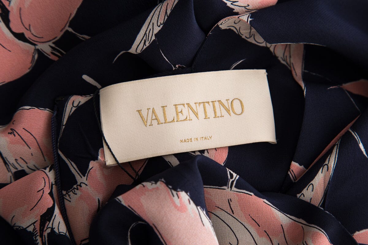 Valentino Navy Short Sleeve Silk Bird Printed Dress SZ 2