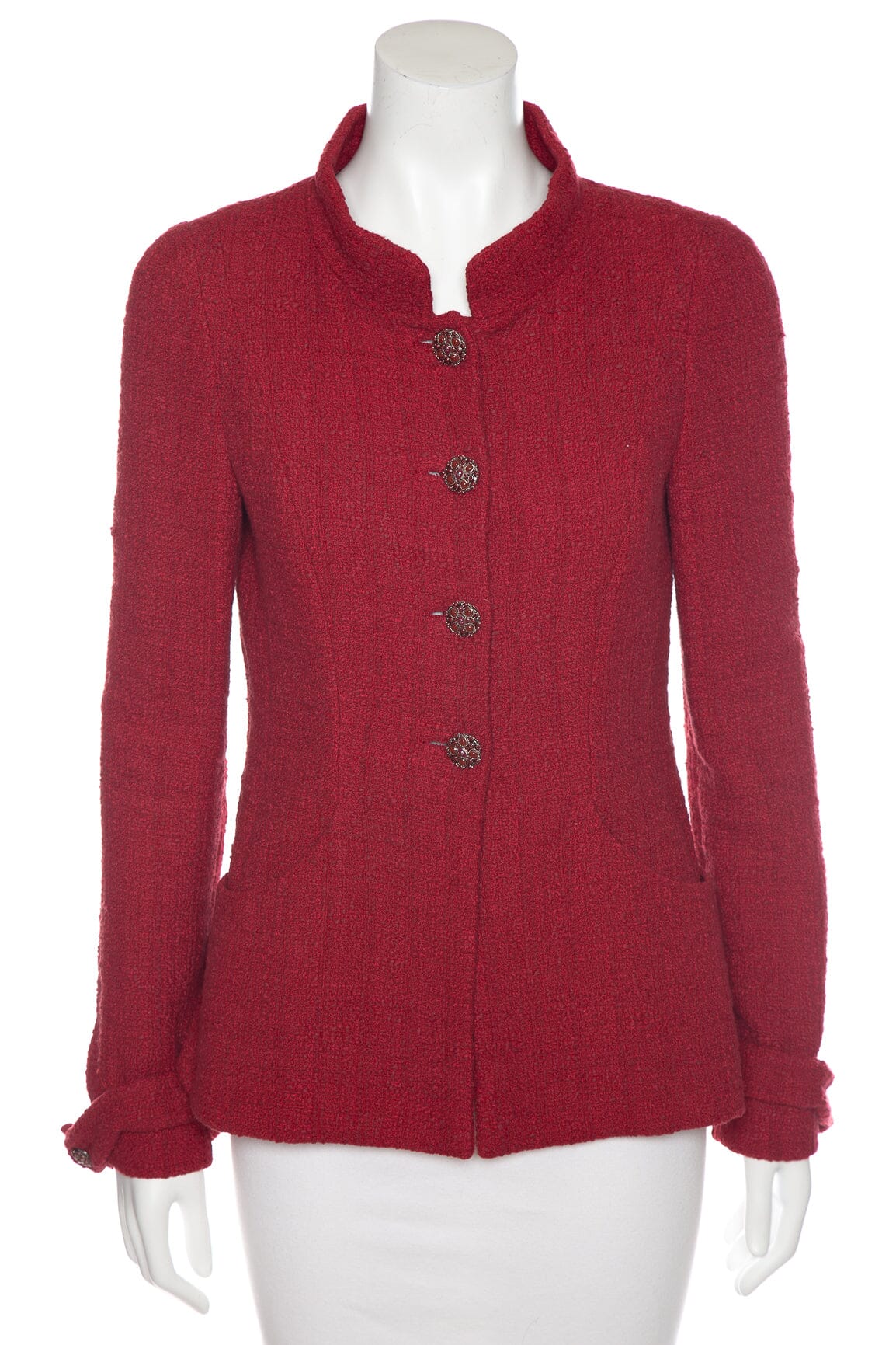 Chanel Red Tweed Long Sleeve Button Up Jacket SZ 38