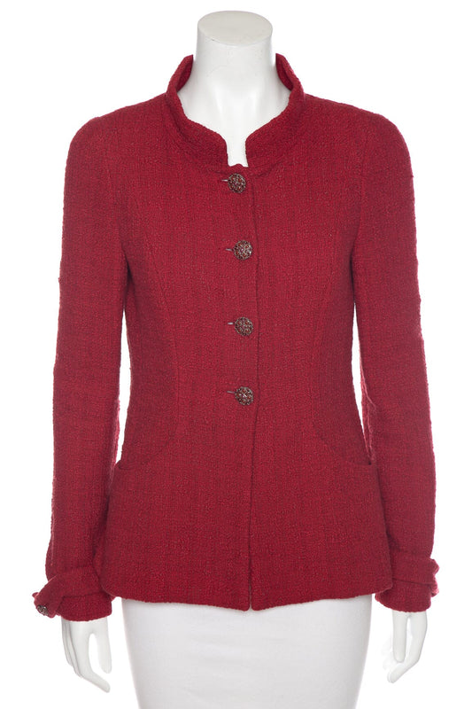 Chanel Red Tweed Long Sleeve Button Up Jacket SZ 38