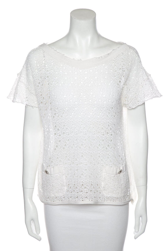 Chanel White Short Sleeve Crochet Blouse SZ M