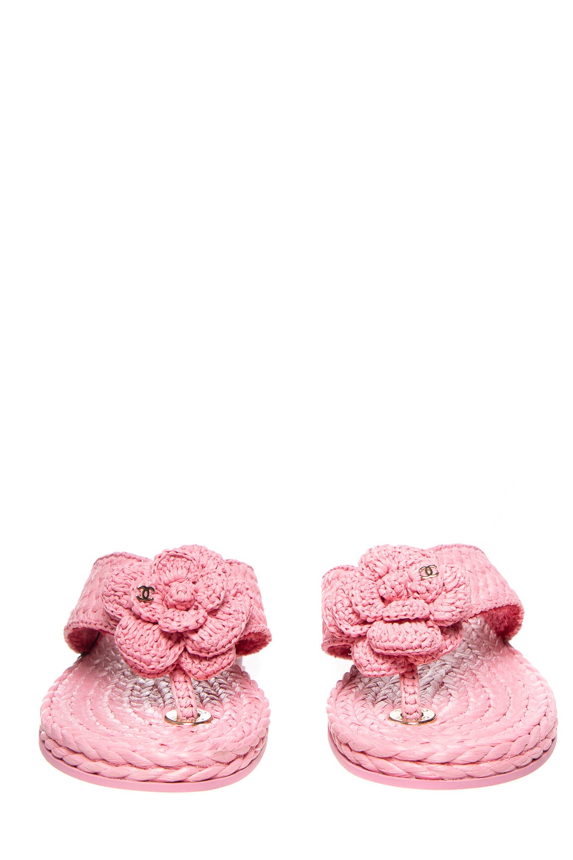 Chanel Pink Woven Camellia Thong Sandal SZ 36.5