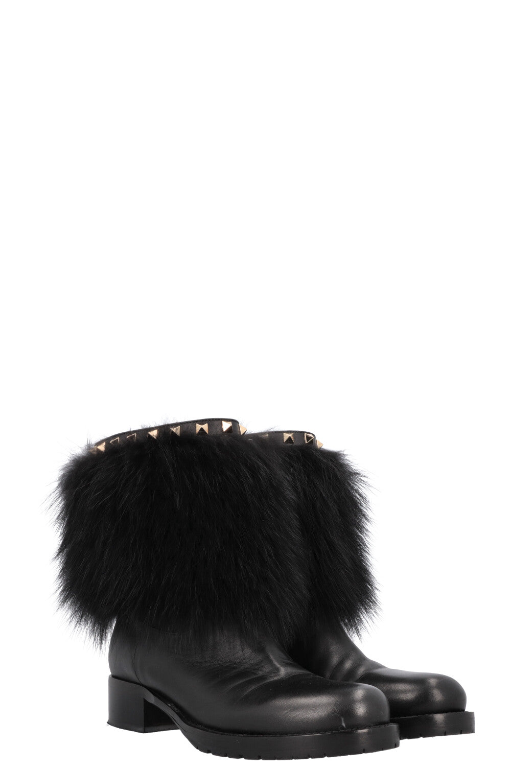 VALENTINO Rockstud Boots Leather Fur Black