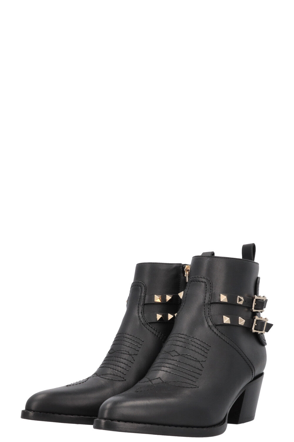 VALENTINO Rockstud Embroidered Cowboy Ankle Boots Black