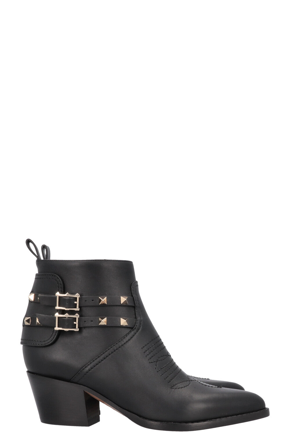VALENTINO Rockstud Embroidered Cowboy Ankle Boots Black
