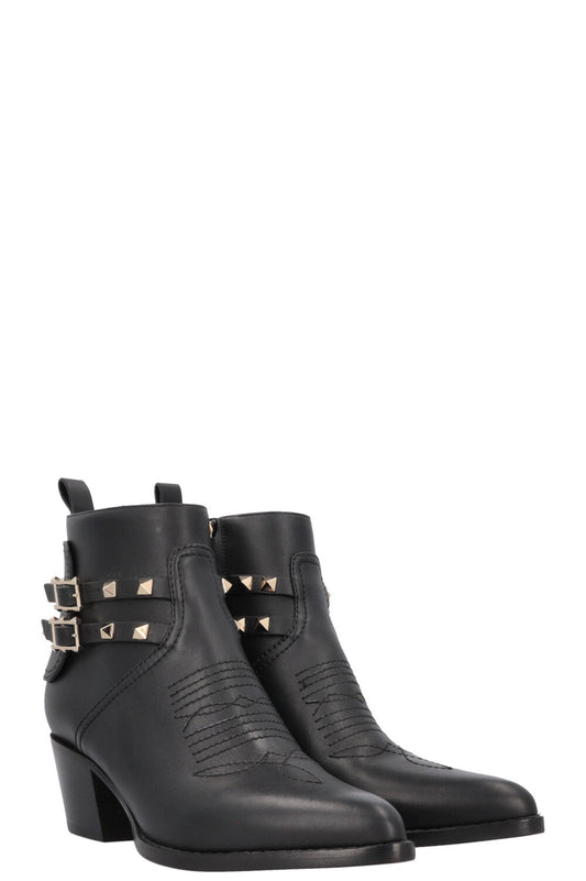 VALENTINO Rockstud Embroidered Cowboy Ankle Boots Black