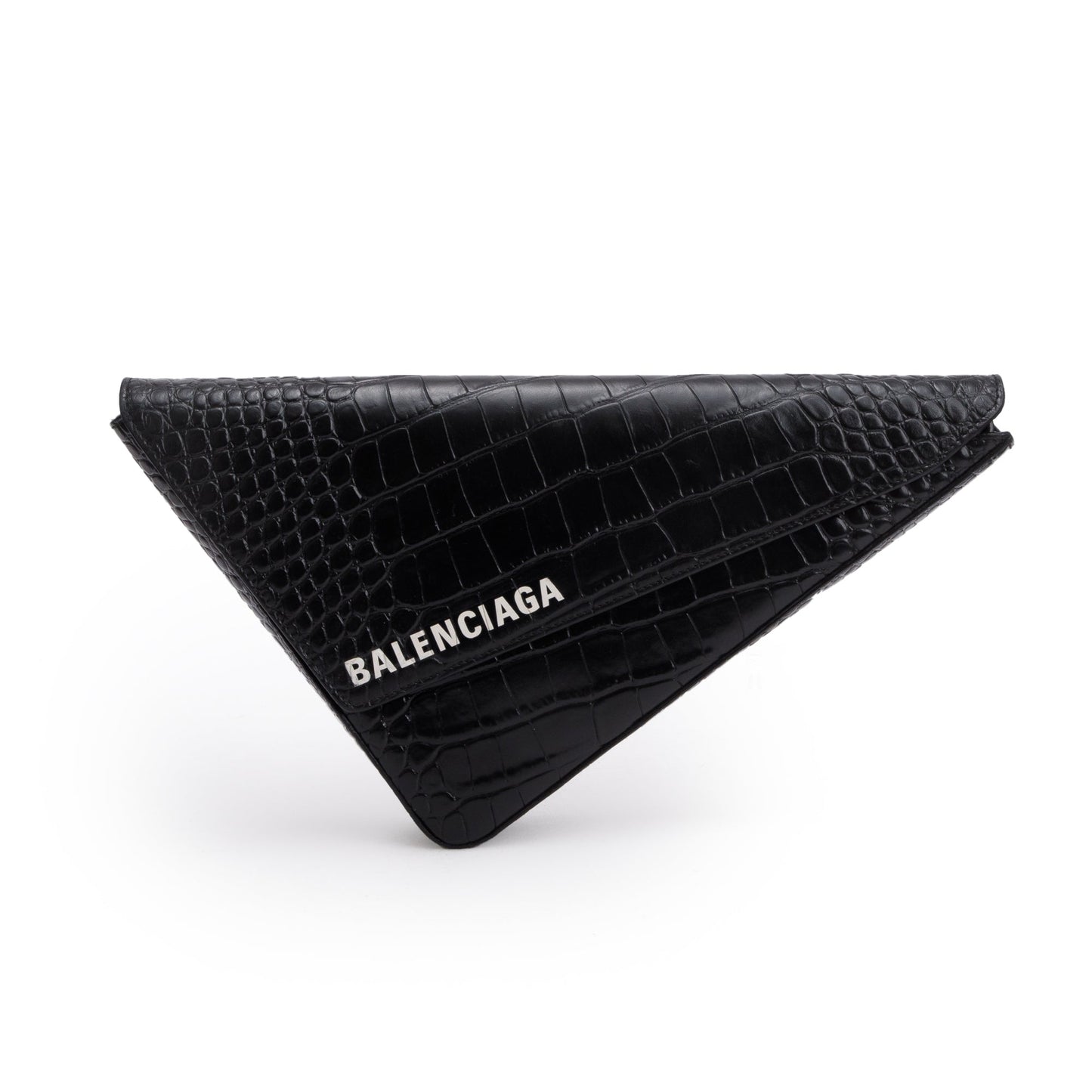 Balenciaga Black Croc-Embossed Calfskin Leather Triangle Clutch w/ Strap