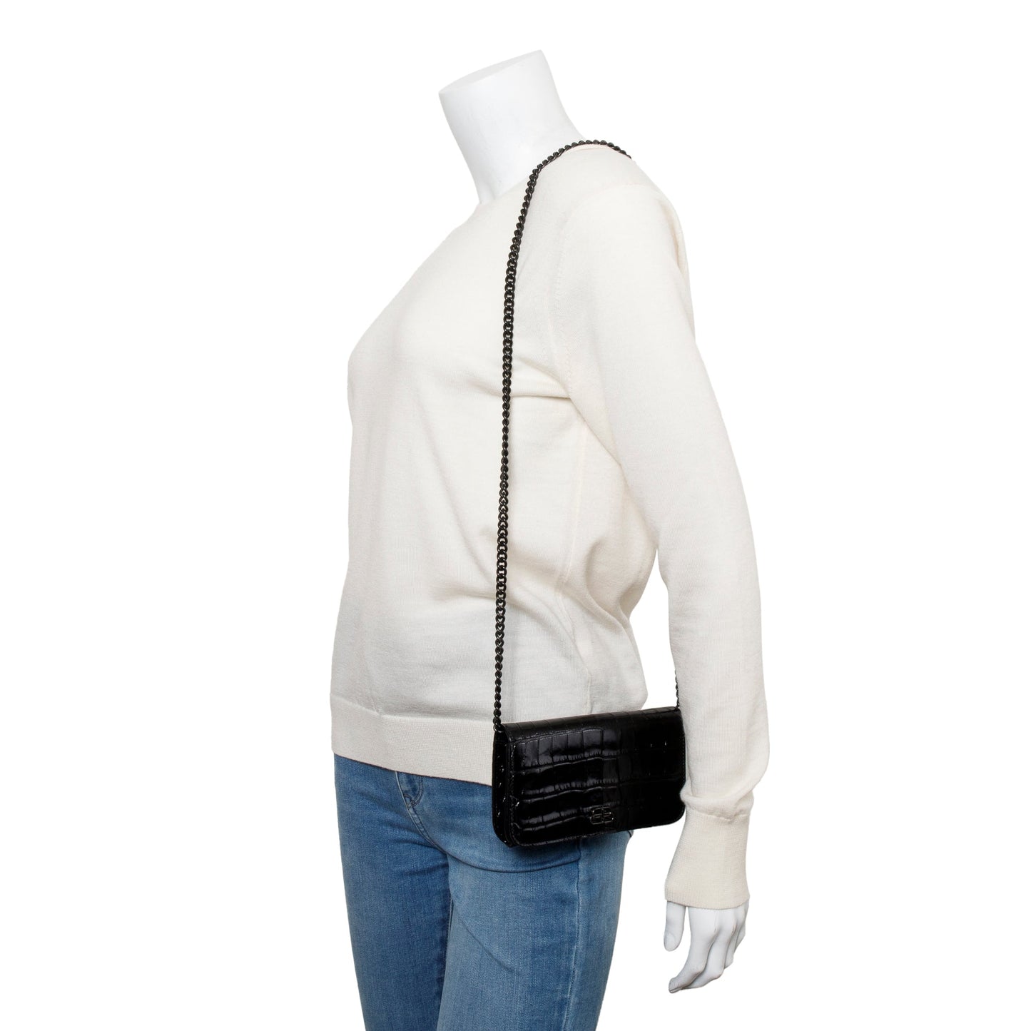 Balenciaga Black Croc-Embossed Leather Phone Holder Wallet on Chain w/ Box