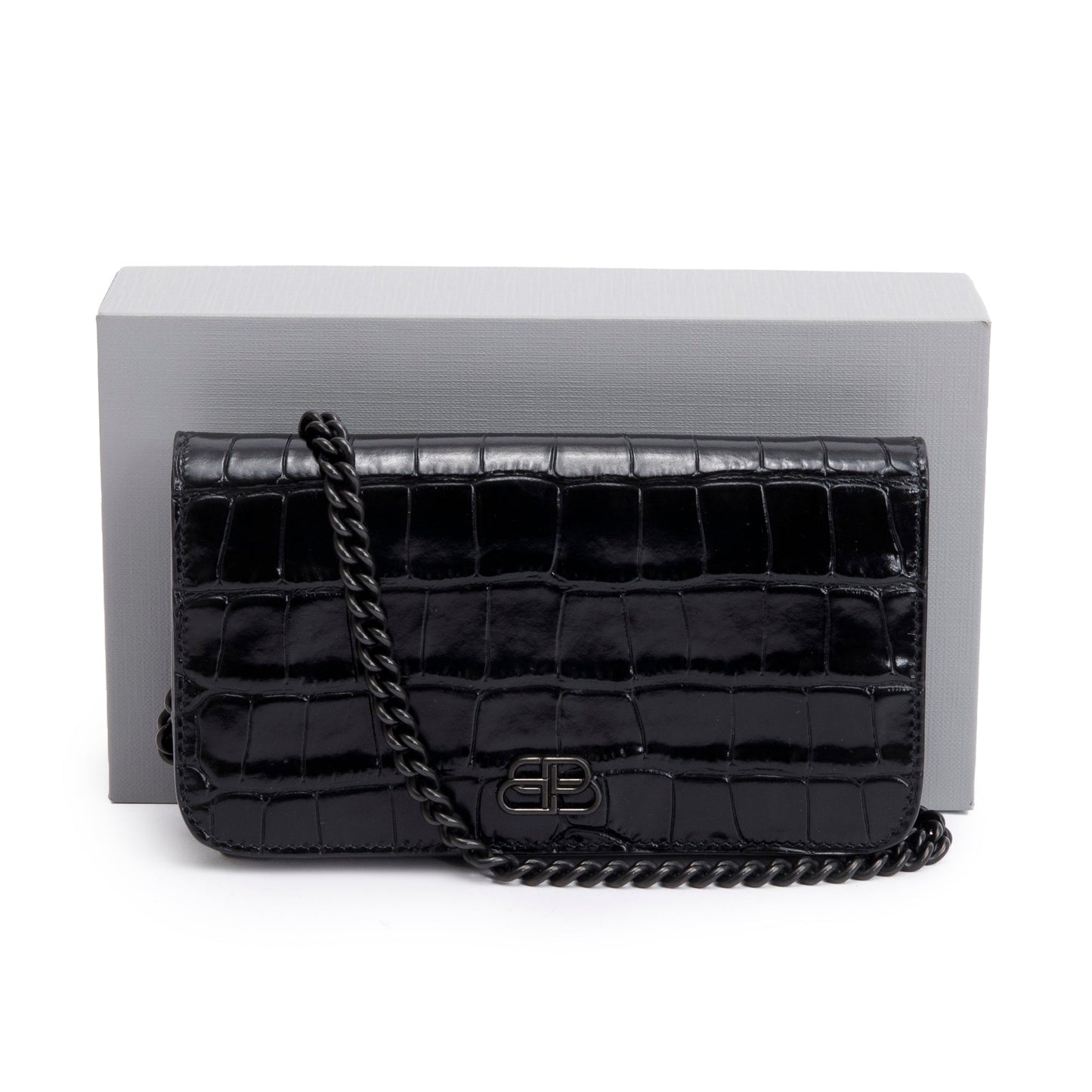 Balenciaga Black Croc-Embossed Leather Phone Holder Wallet on Chain w/ Box