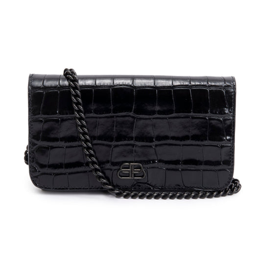 Balenciaga Black Croc-Embossed Leather Phone Holder Wallet on Chain w/ Box