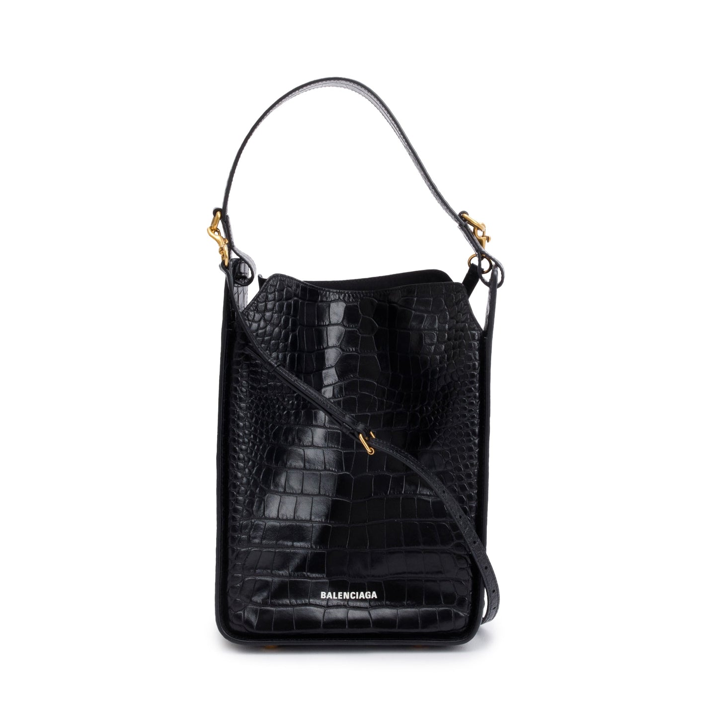 Balenciaga Black Croc-Embossed Leather Tool 2.0 Small N/S Tote w/ Strap & Box