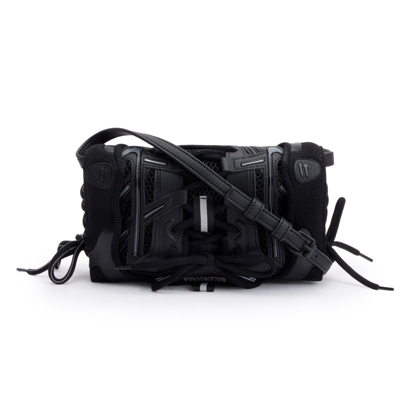 Balenciaga Black Leather Mesh Accent Sneakerhead Phone Holder Crossbody Bag