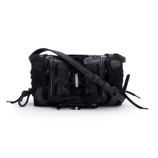 Balenciaga Black Leather Mesh Accent Sneakerhead Phone Holder Crossbody Bag