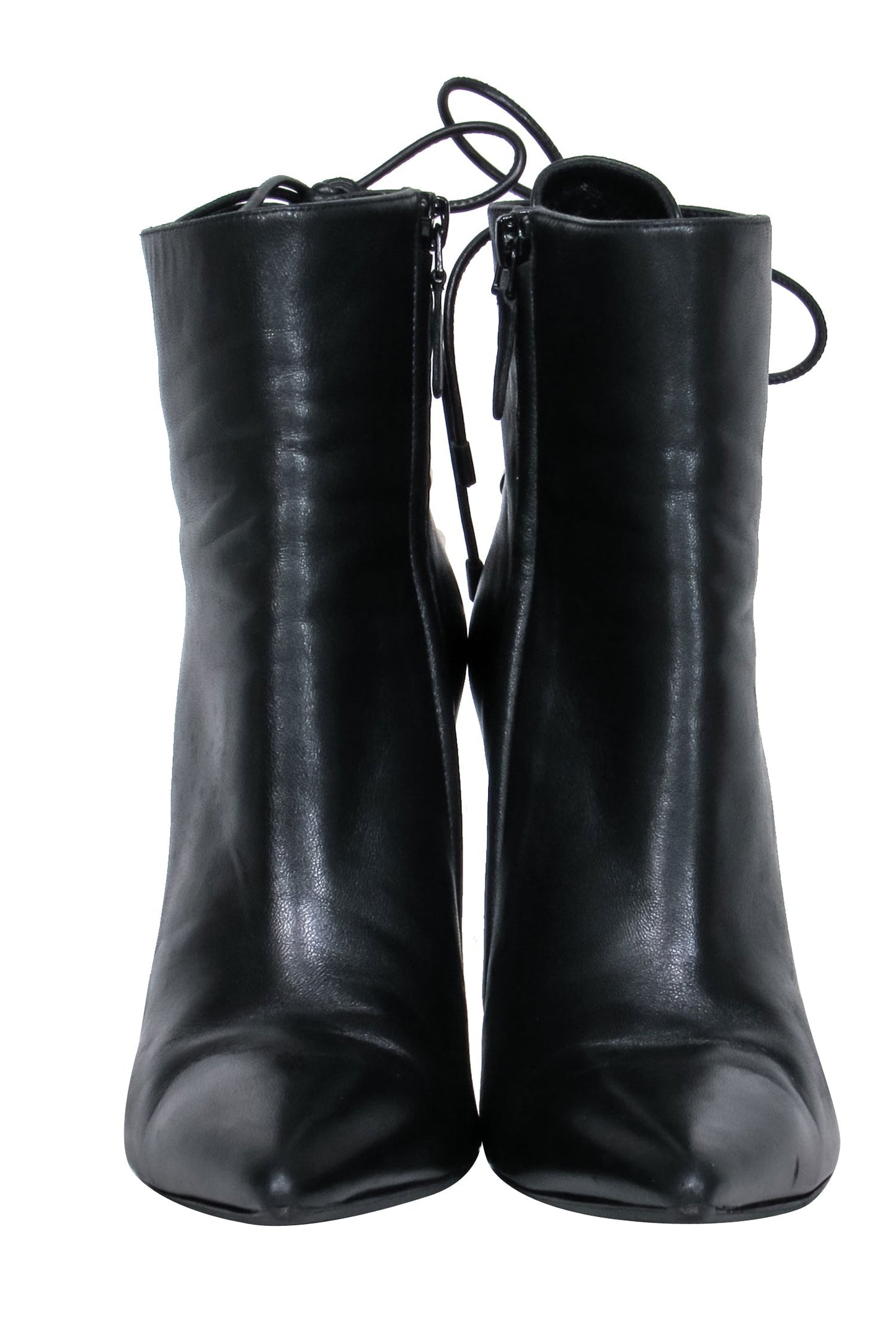 Balenciaga – Black Leather Pointy Toe Booties w/ Lace Up Back Sz 7.5