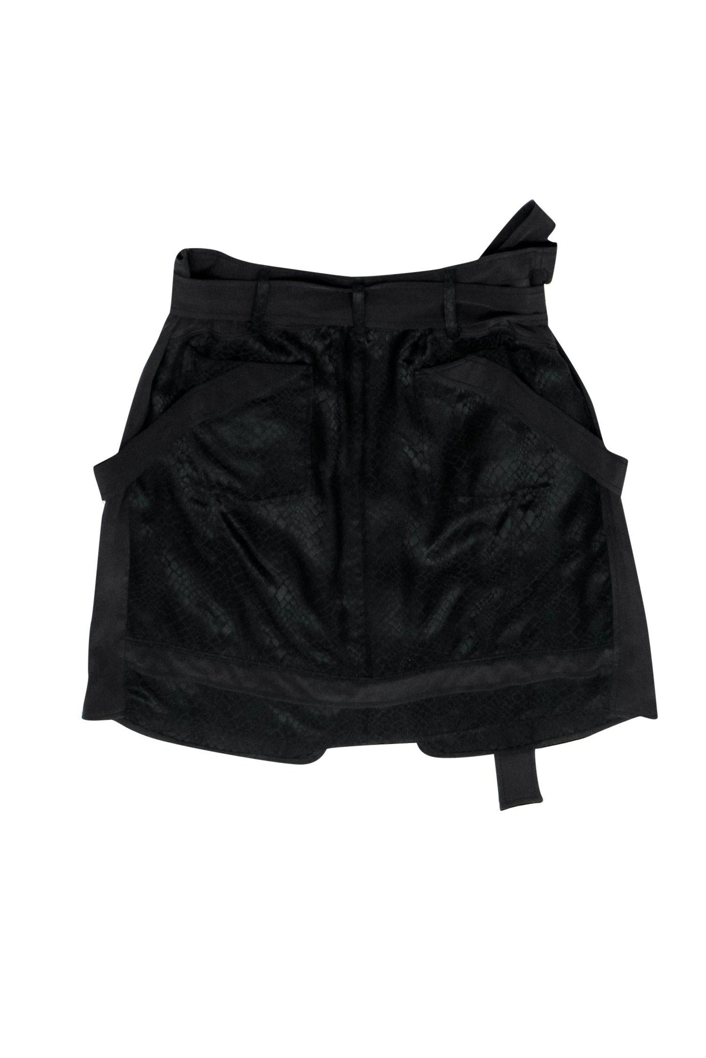 Balenciaga - Black Reptile Embossed Belted Silk Miniskirt Sz 2