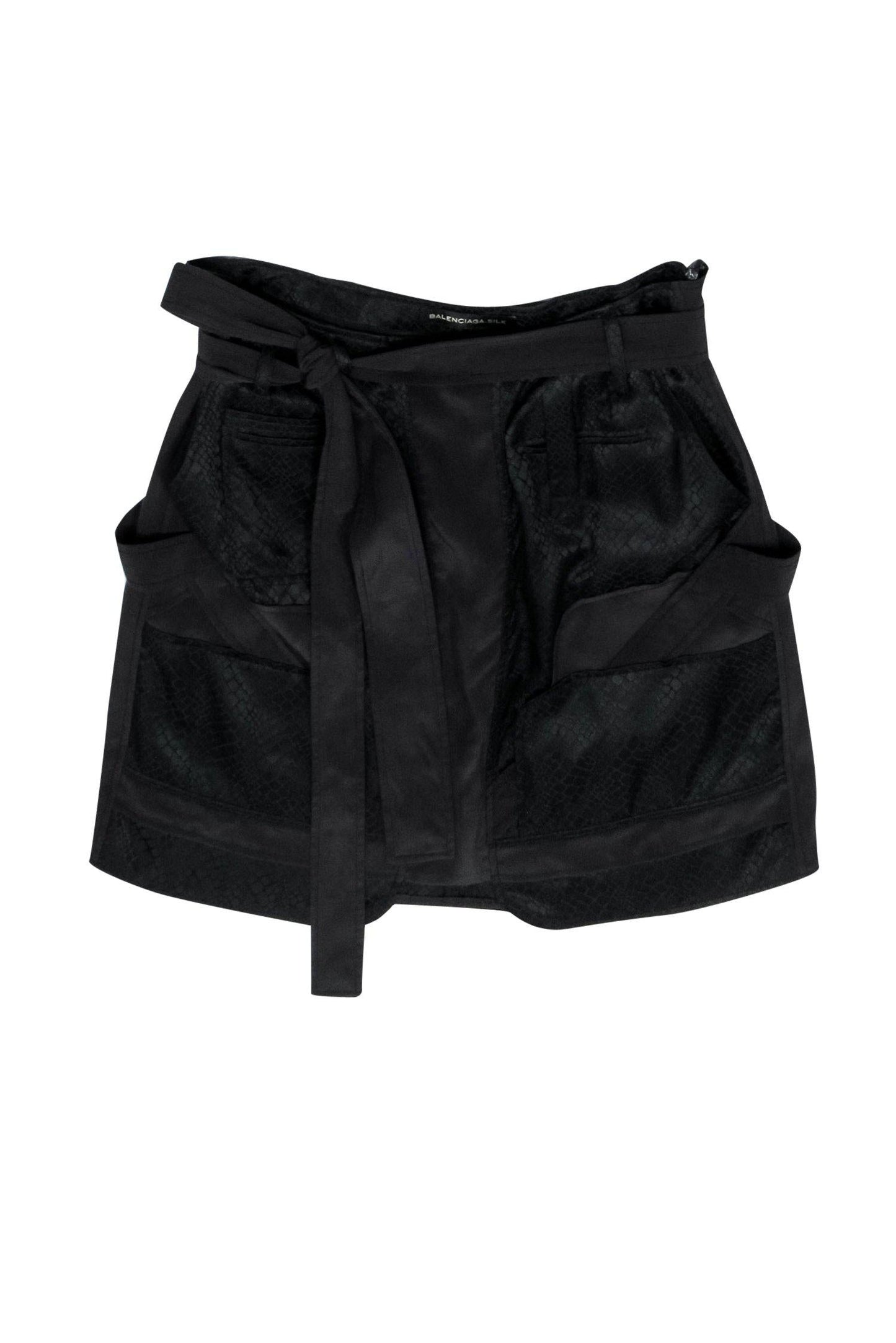 Balenciaga - Black Reptile Embossed Belted Silk Miniskirt Sz 2