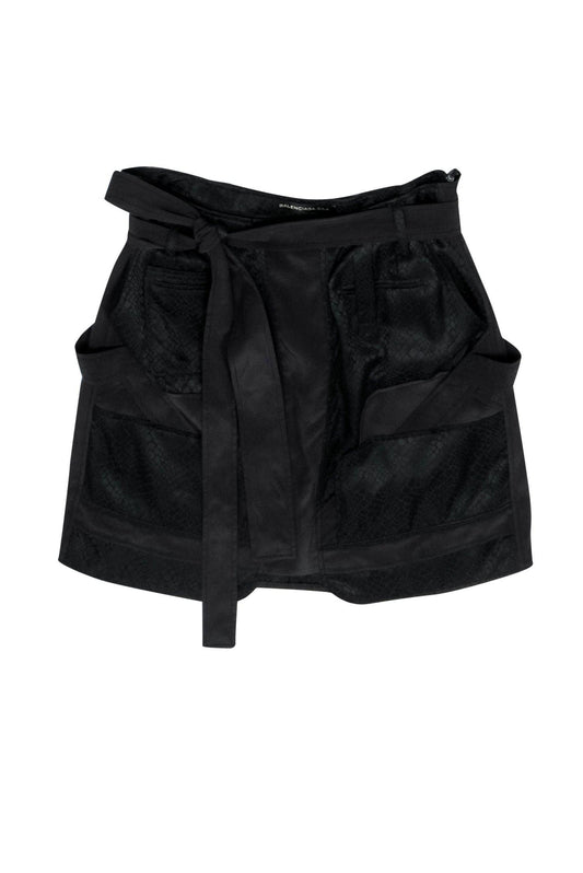 Balenciaga - Black Reptile Embossed Belted Silk Miniskirt Sz 2
