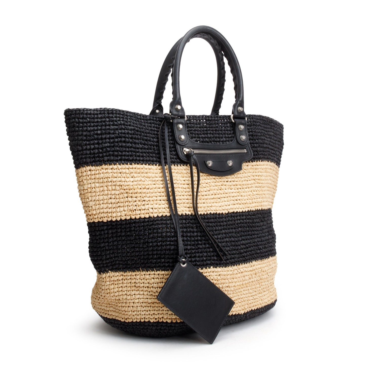 Balenciaga Black/Beige Woven Raffia Large Panier Tote
