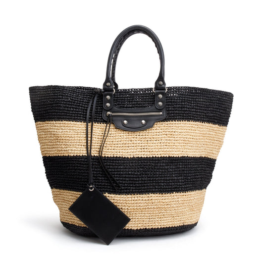 Balenciaga Black/Beige Woven Raffia Large Panier Tote