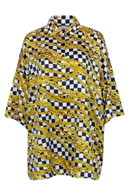 Balenciaga - Gold, Black, & White Checkered Chain Print Top Sz 4