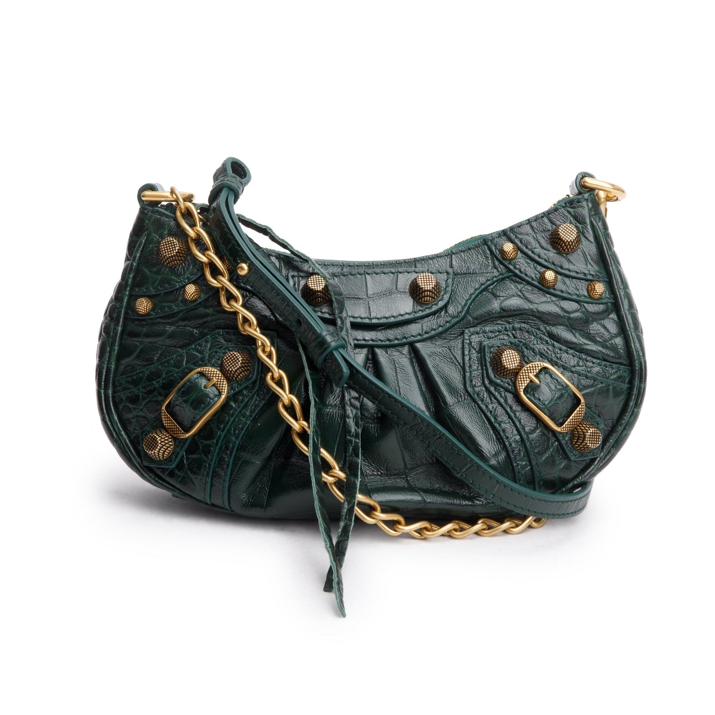 Balenciaga Green Crocodile Embossed Leather Mini Le Cagole Crossbody with Chain