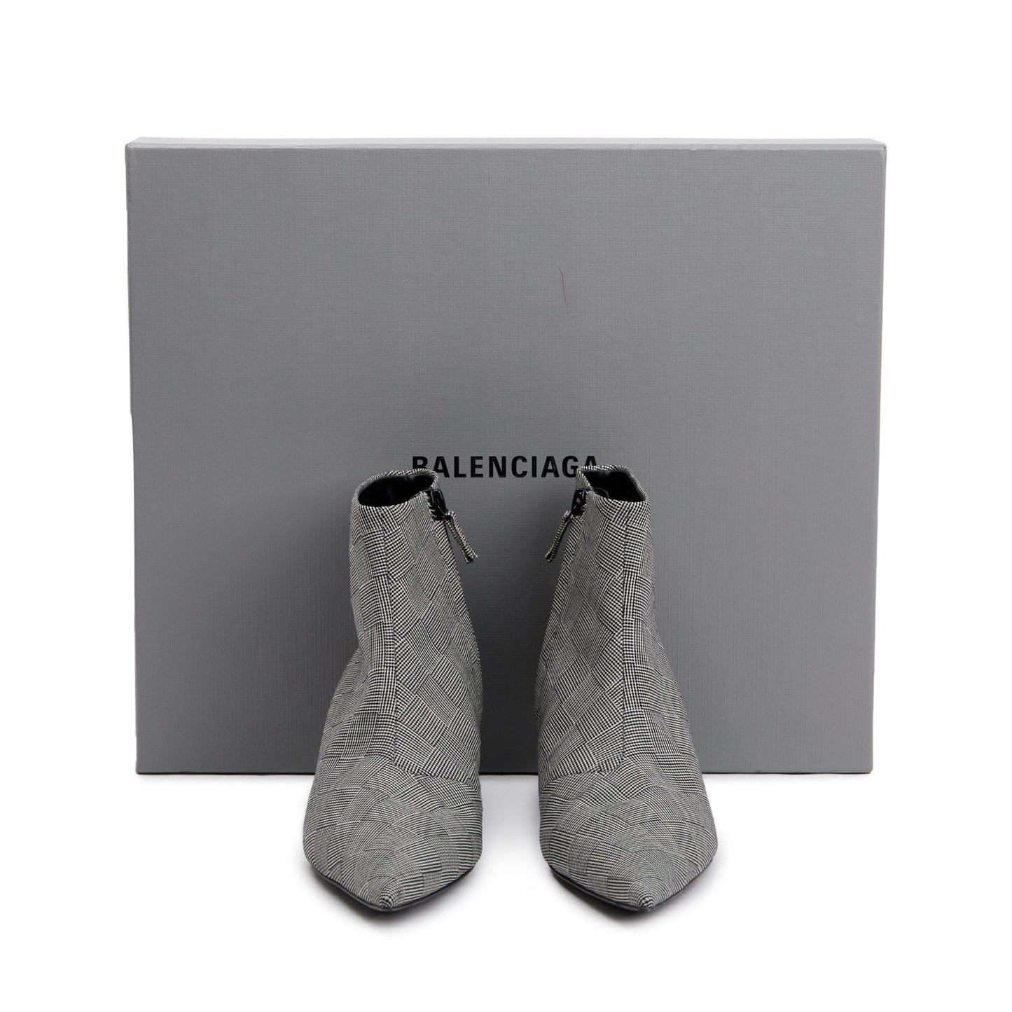 Balenciaga Grey Checked Wool Knife Pointy Toe Ankle Boots, Size 35.5 w/ Box