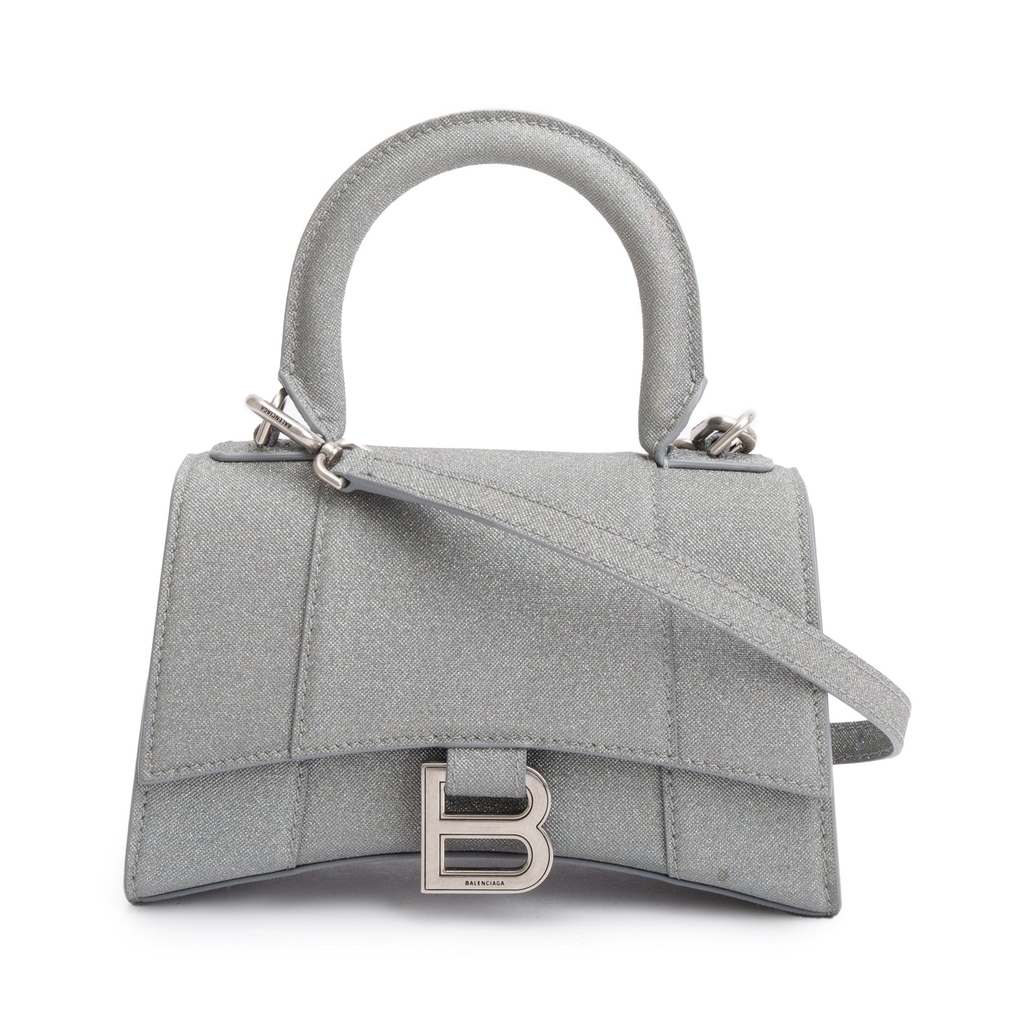 Balenciaga Grey Glitter Fabric XS Hourglass Top Handle Bag w/ Strap