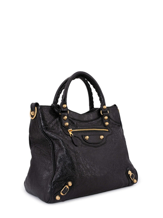 Balenciaga Leather Gold City Shoulder Bag Black