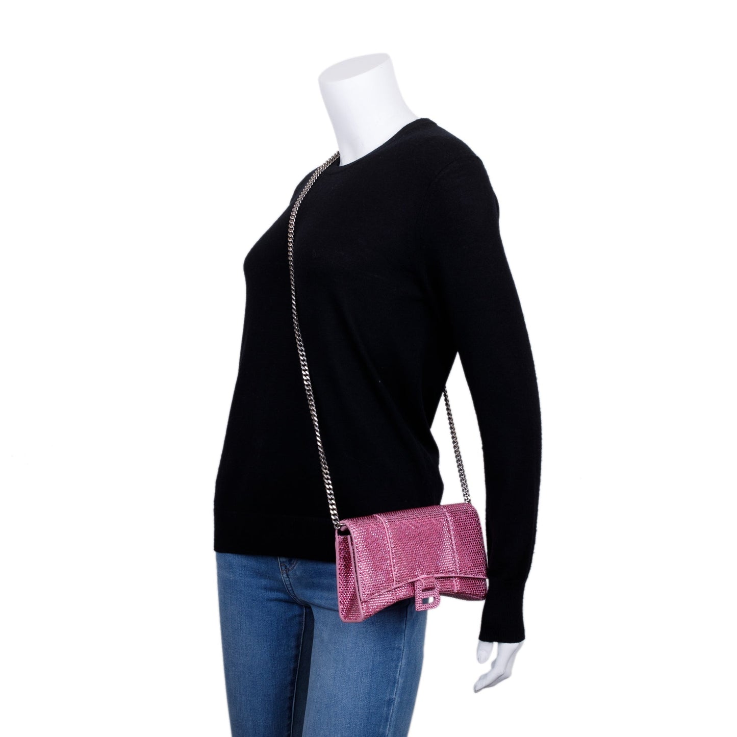 Balenciaga Pink Rhinestone Hourglass Wallet on Chain w/ Box