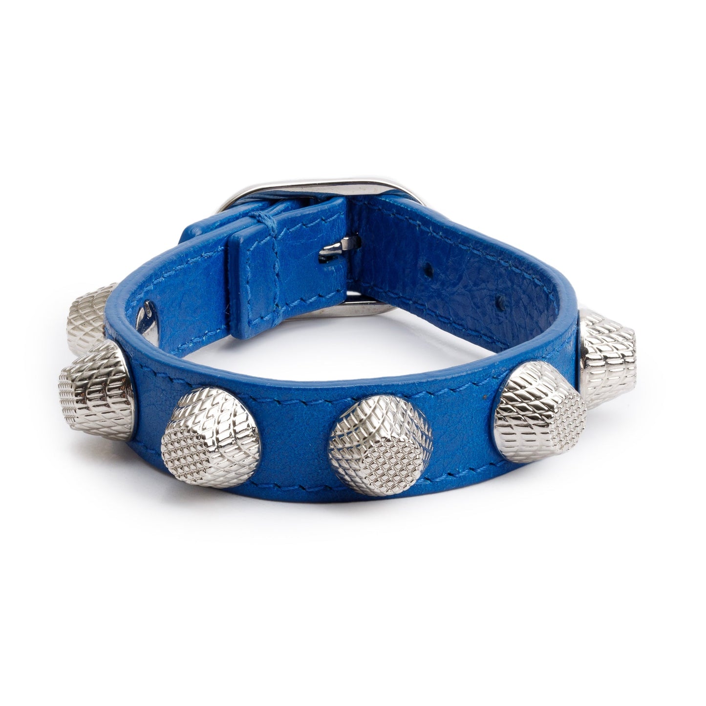 Balenciaga Silver Hardware Blue Leather Studded Wrap Bracelet, Size M