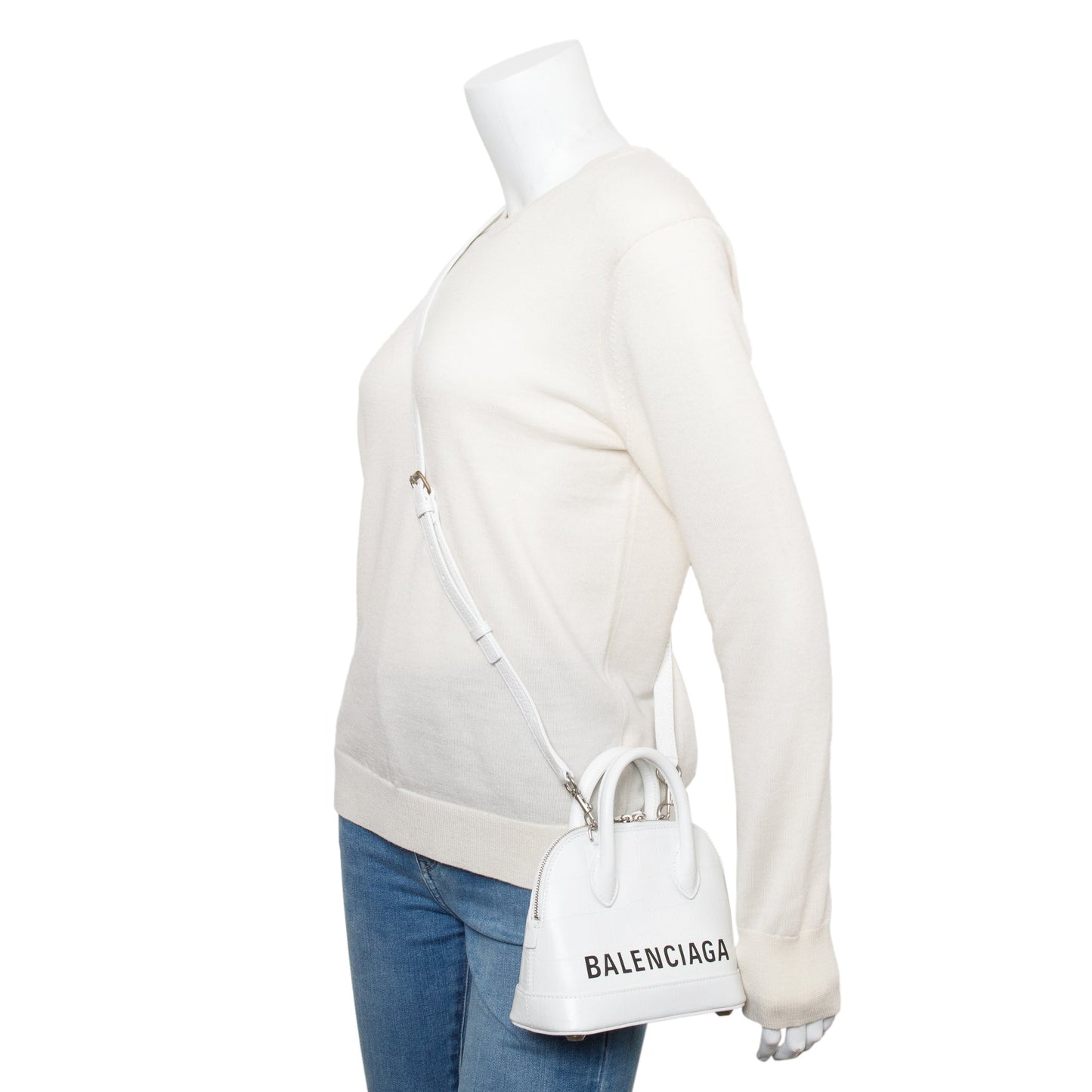 Balenciaga White Croc-Embossed Calfskin Leather XXS Ville Top Handle Bag