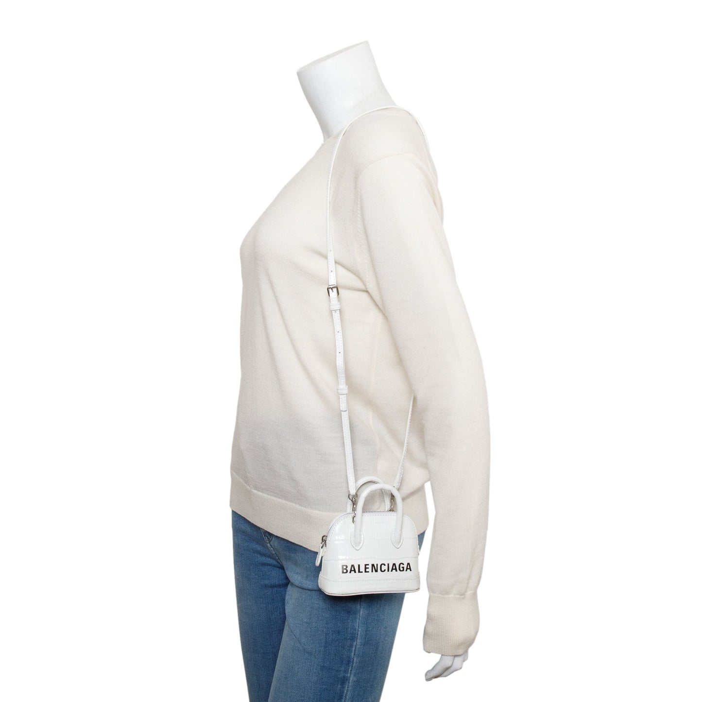 Balenciaga White Crocodile Embossed Ville Mini Top Handle Bag w/ Strap