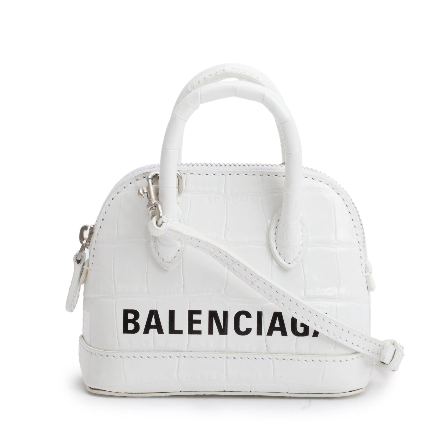 Balenciaga White Crocodile Embossed Ville Mini Top Handle Bag w/ Strap