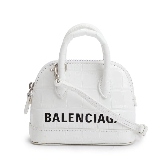 Balenciaga White Crocodile Embossed Ville Mini Top Handle Bag w/ Strap