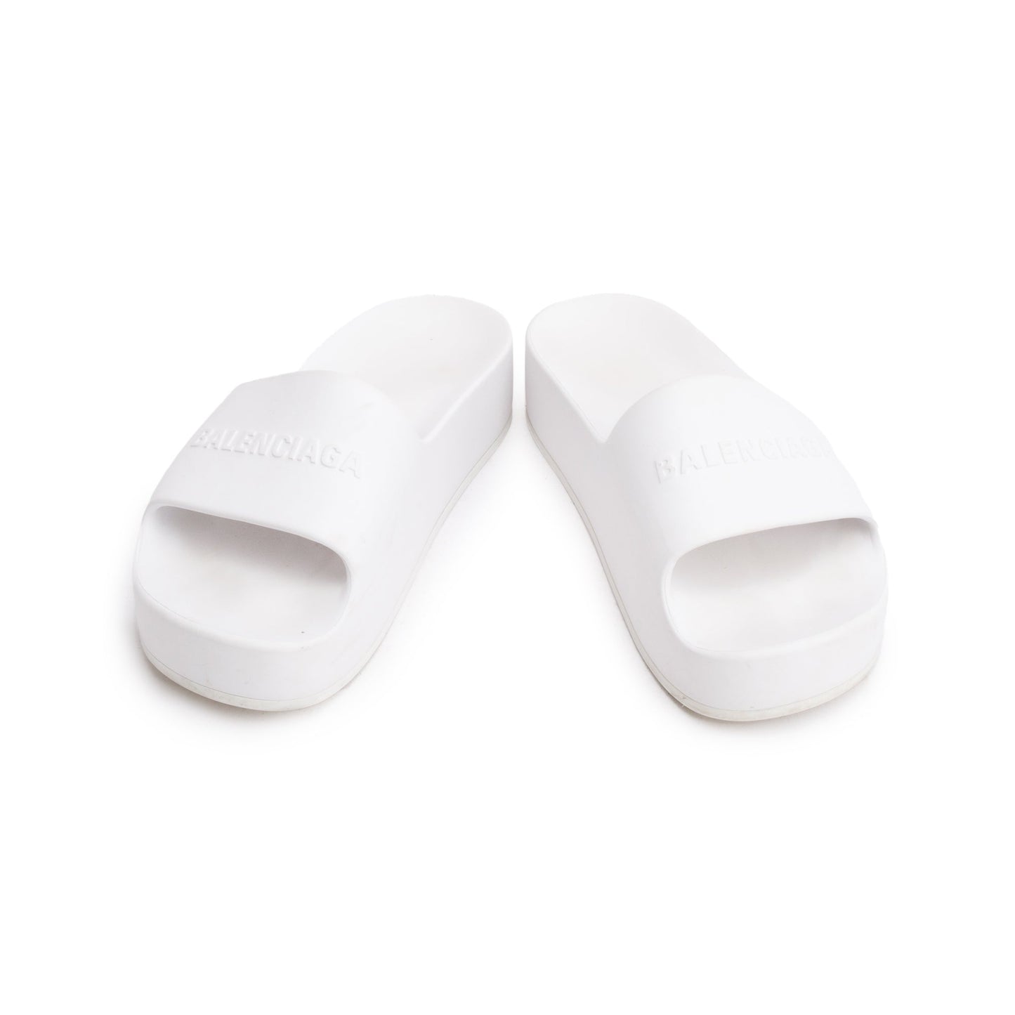 Balenciaga White Rubber Printed Logo Platform Slides, Size 40
