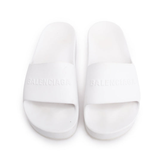 Balenciaga White Rubber Printed Logo Platform Slides, Size 40