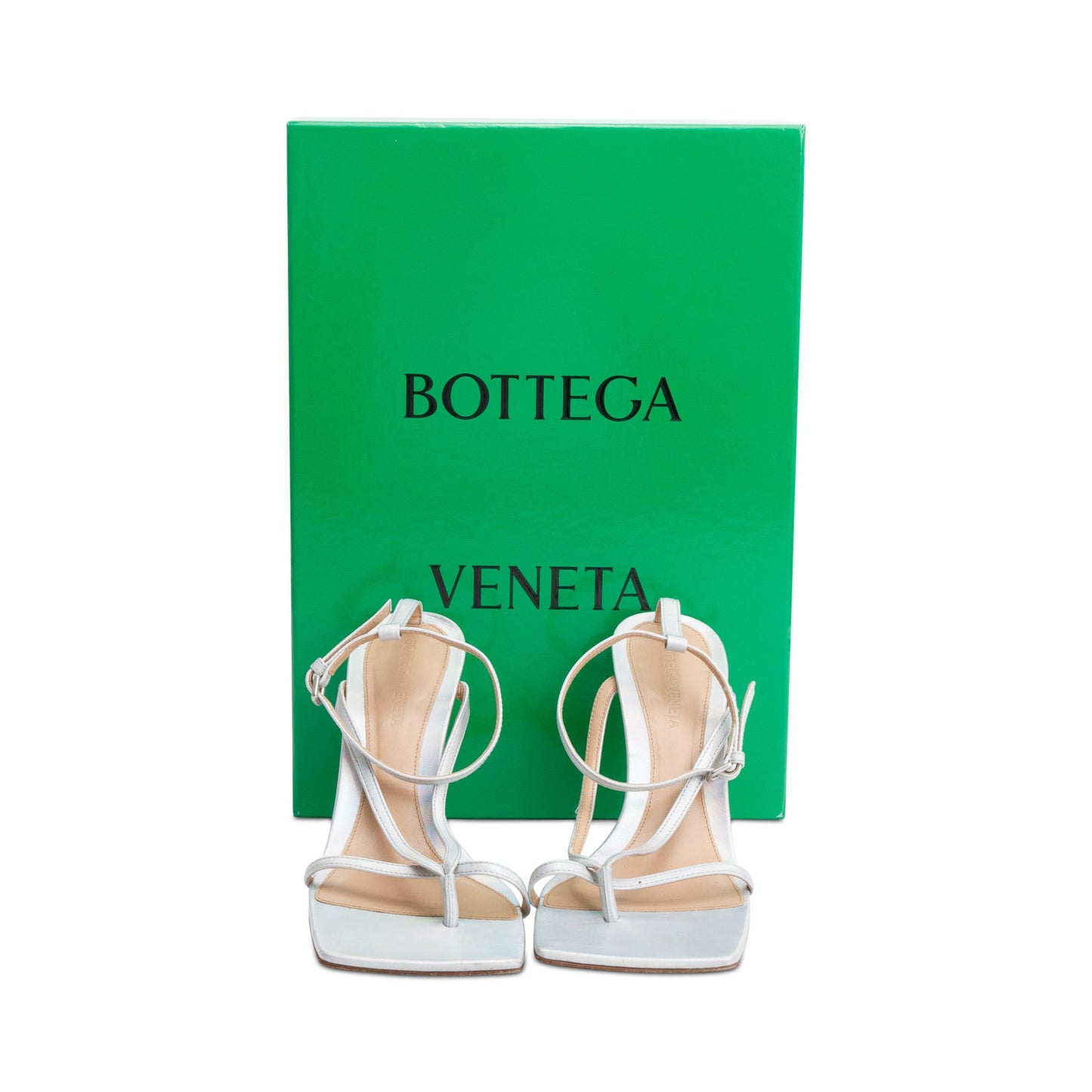 Bottega Veneta Silver Iridescent Nappa Stretch Strap Sandals, Size 37.5 w/ Box