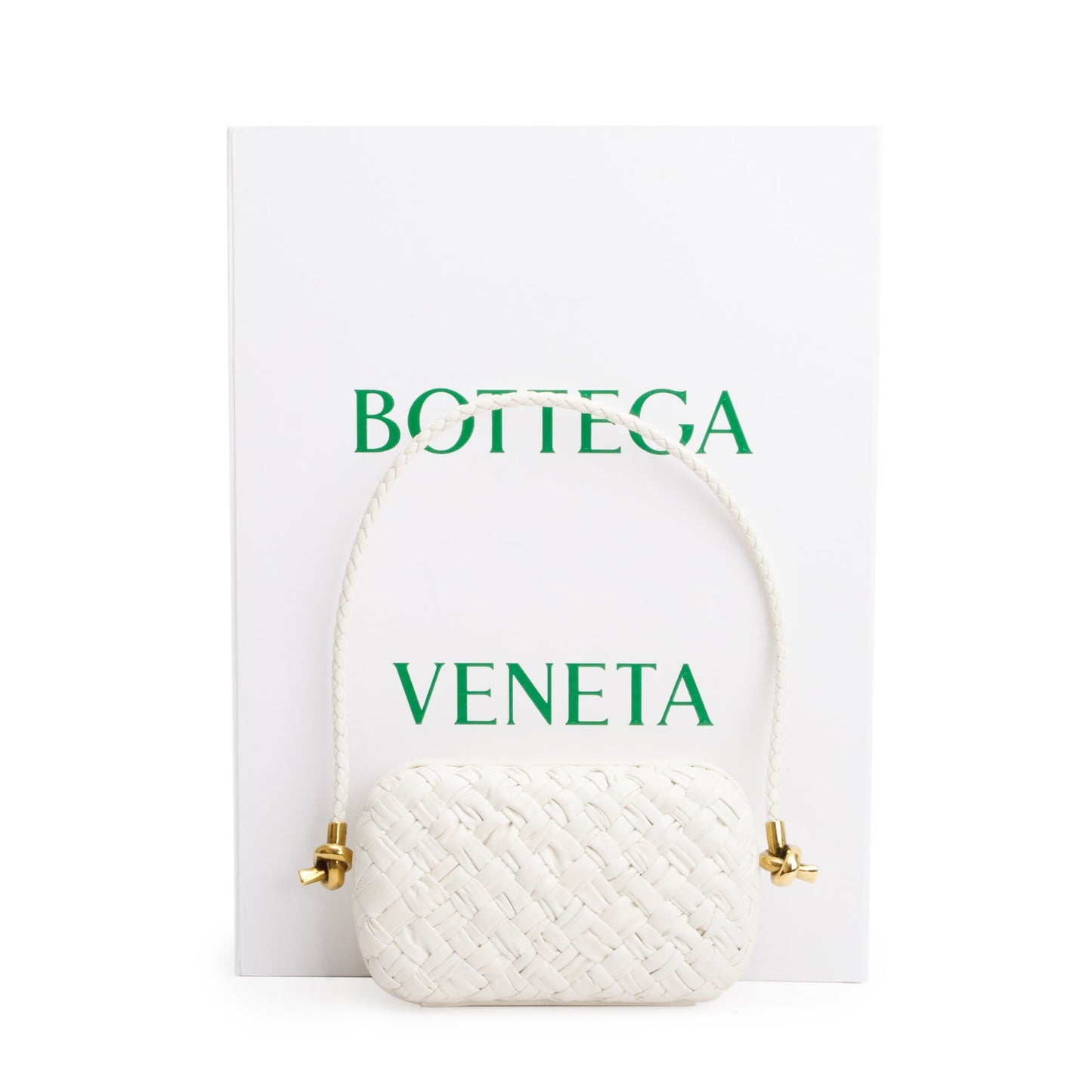 Bottega Veneta White Intreccio-Woven Leather Mini Loop Metal Knots On Strap Clutch Bag w/ Box