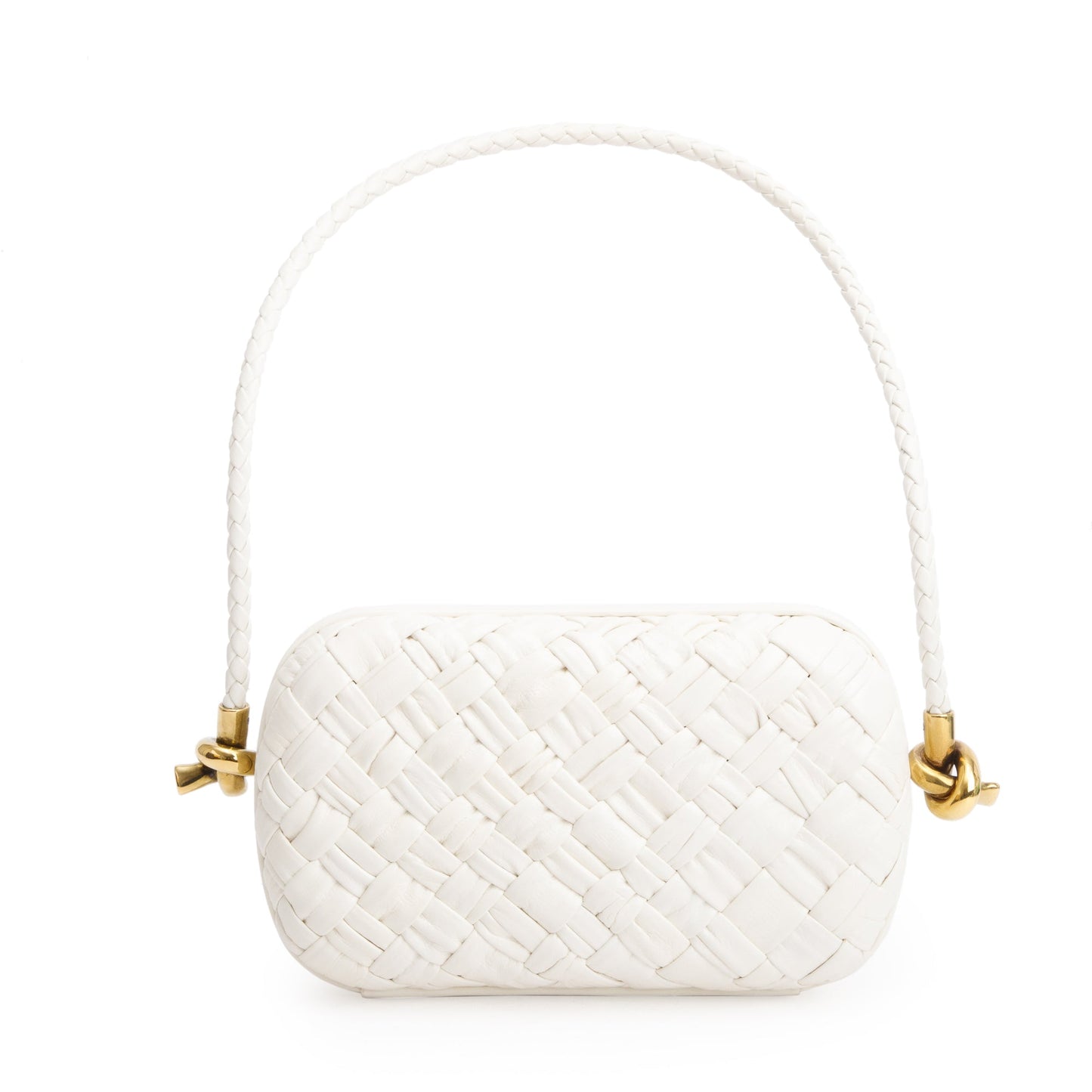 Bottega Veneta White Intreccio-Woven Leather Mini Loop Metal Knots On Strap Clutch Bag w/ Box