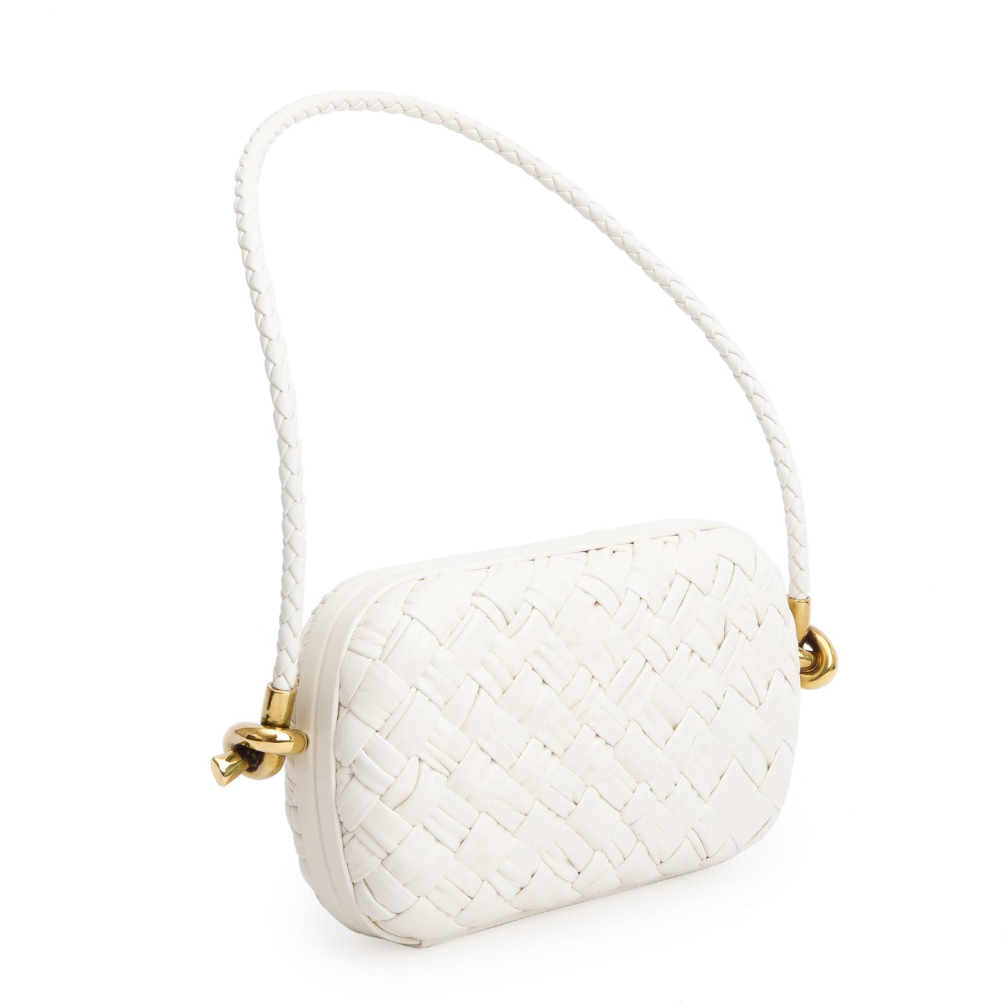 Bottega Veneta White Intreccio-Woven Leather Mini Loop Metal Knots On Strap Clutch Bag w/ Box