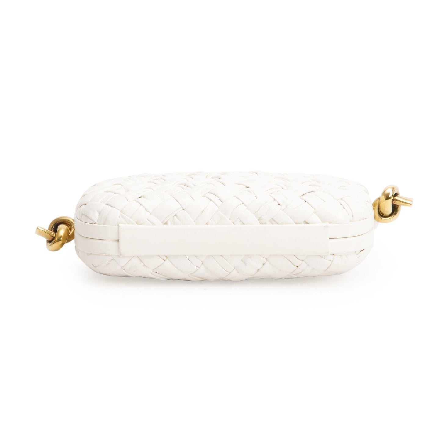 Bottega Veneta White Intreccio-Woven Leather Mini Loop Metal Knots On Strap Clutch Bag w/ Box