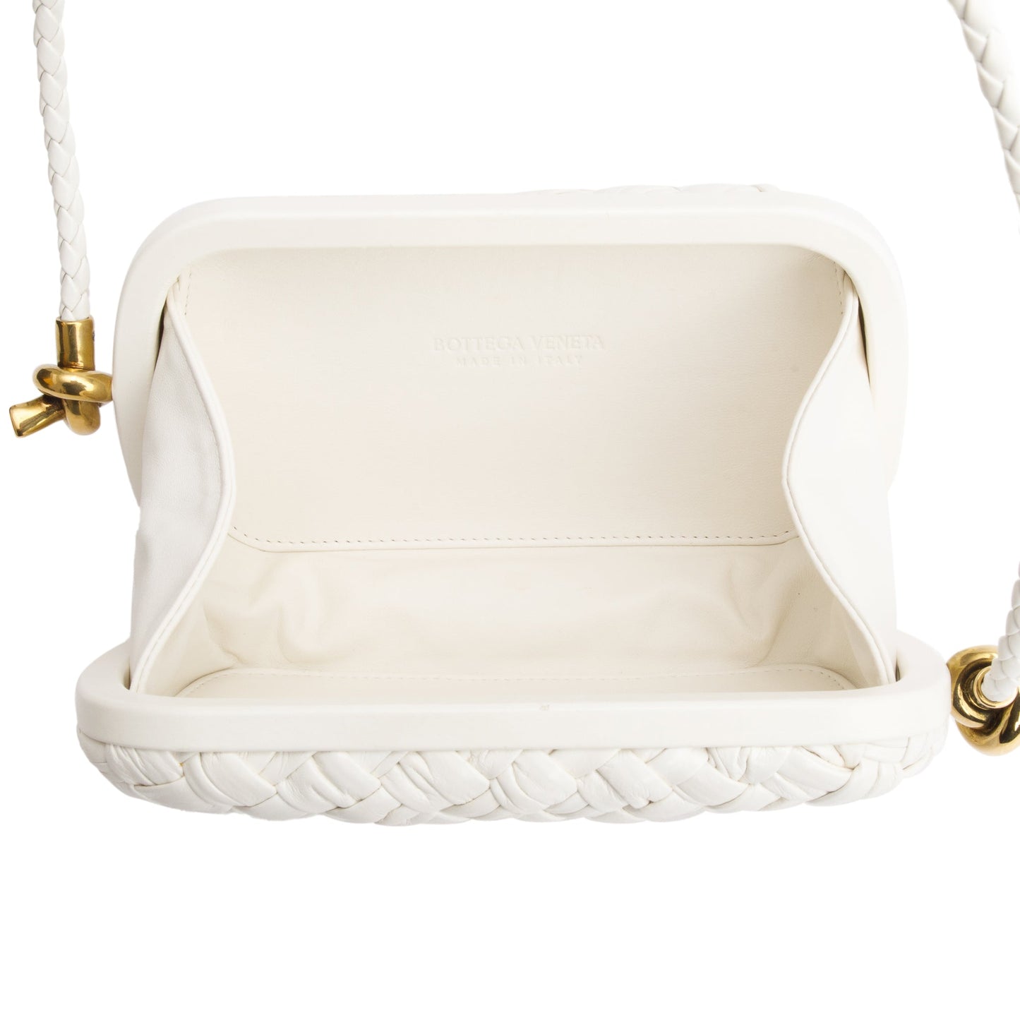 Bottega Veneta White Intreccio-Woven Leather Mini Loop Metal Knots On Strap Clutch Bag w/ Box