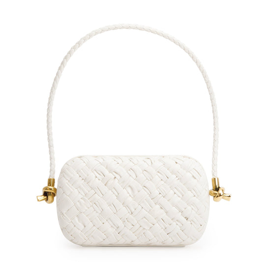 Bottega Veneta White Intreccio-Woven Leather Mini Loop Metal Knots On Strap Clutch Bag w/ Box