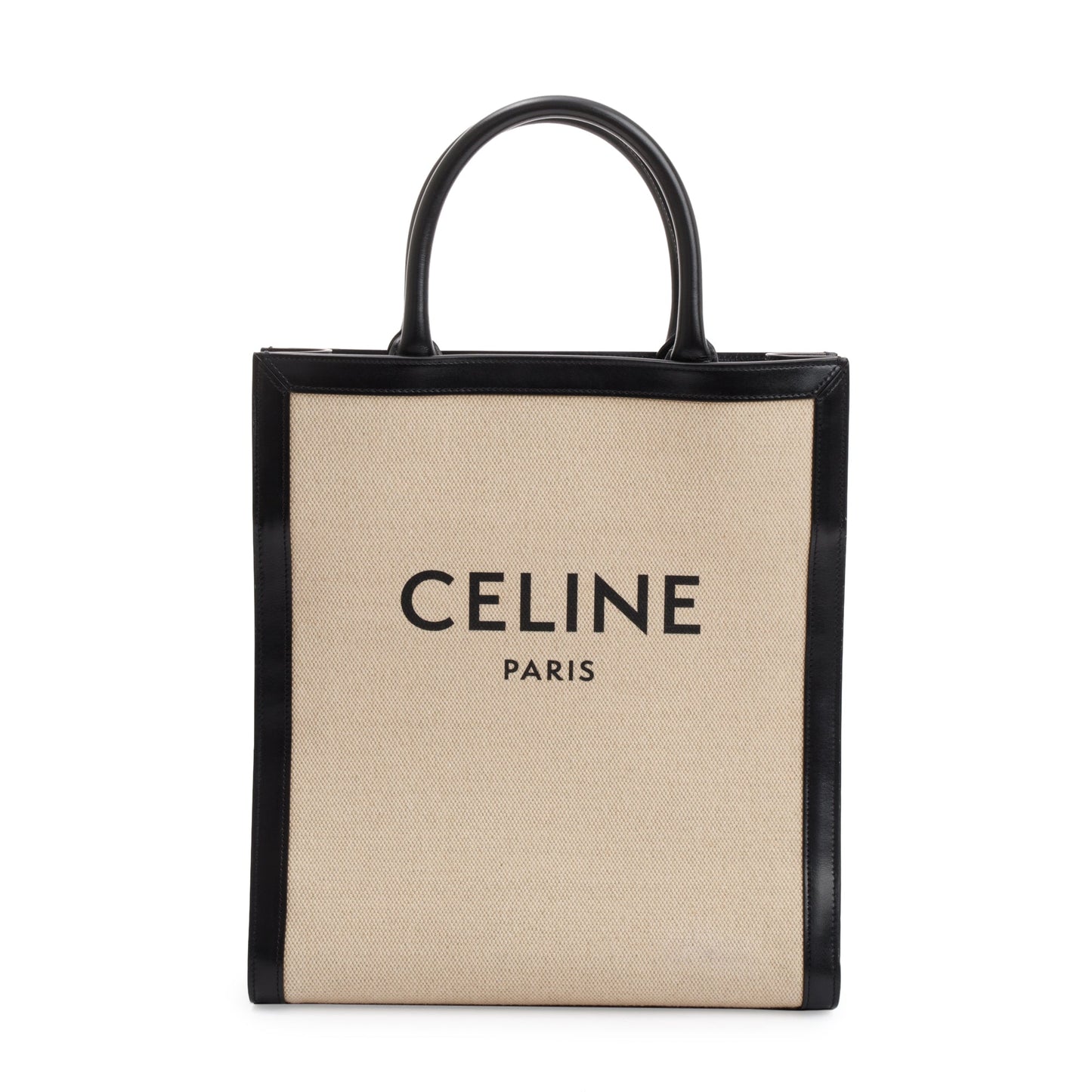 Celine 2021 Small Beige Canvas Black Calfskin Logo Vertical Cabas Tote w/ Strap